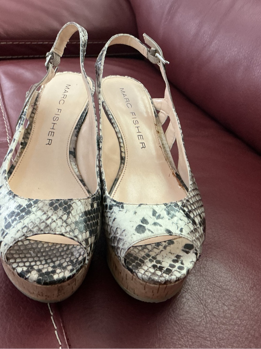 Marc Fisher Neutral Snake-Print Cork Wedge Slingback in Size 8M